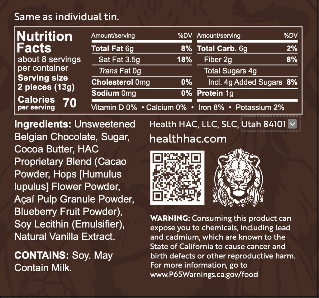 6 x Premium Belgian High-Cacao Dark Chocolate Tins with Hops, Açaí & Cacao – Calm • Focus • Antioxidants