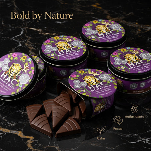 6 x Premium Belgian High-Cacao Dark Chocolate Tins with Hops, Açaí & Cacao – Calm • Focus • Antioxidants