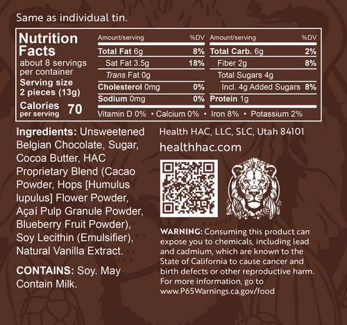 Belgian High-Cacao Dark Chocolate Wedges/Tin (100g  – 8 Wedges) + HAC Blend | Calm • Antioxidants • Satiety