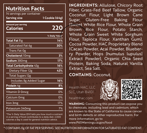 HAC-1 | Chocolate Cookie Box (14 Cookies – 12g Fiber) + HAC Blend | Calm • Antioxidants • Satiety| Drink 1-2 glasses of water with each cookie
