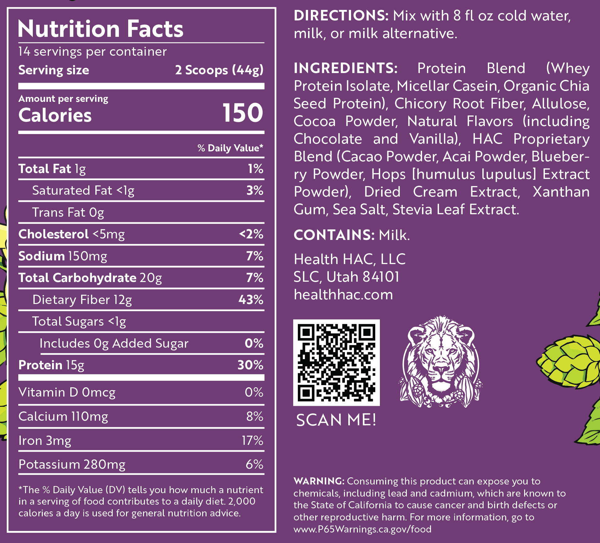 HAC-2 | Chocolate Shake (616g – 14 Servings) – 15g Tri-Protein + 12g Fiber + HAC Blend | Calm • Antioxidants • Satiety