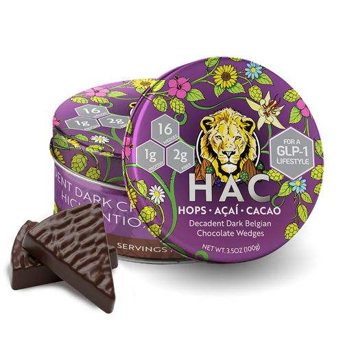 6 x Premium Belgian High-Cacao Dark Chocolate Tins with Hops, Açaí & Cacao